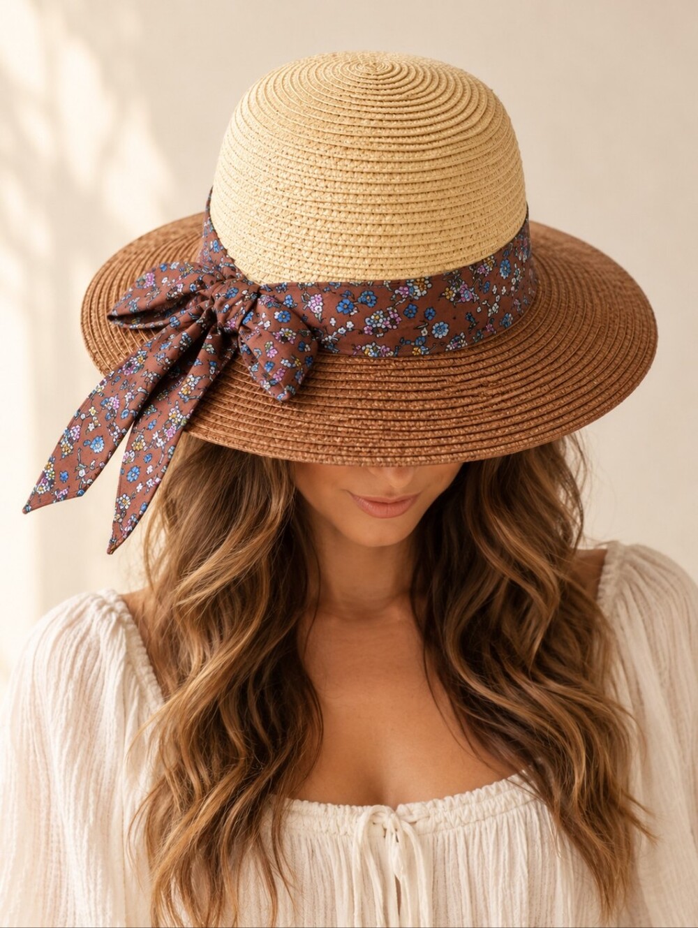 Royal Road Trading Co Wide Brim Straw Hat Floral Bow Two Tone OSFM